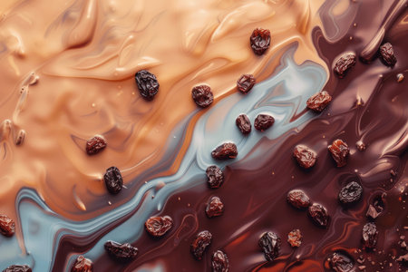 Close up of chocolate and raisins - sweet food and drink. Abstract background for National French Bread Day. AI generatedの素材