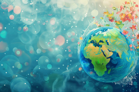Earth planet with flowers and bokeh background. abstract background for World TB Day. AI generatedの素材