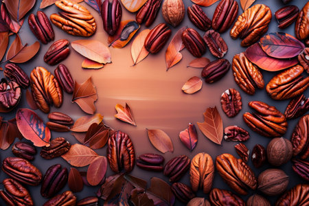 Pecan nuts and autumn leaves on dark background, top view. abstract background for National Pecan Month. AI generatedの素材