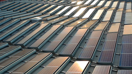 solar panels on iron roofの写真素材