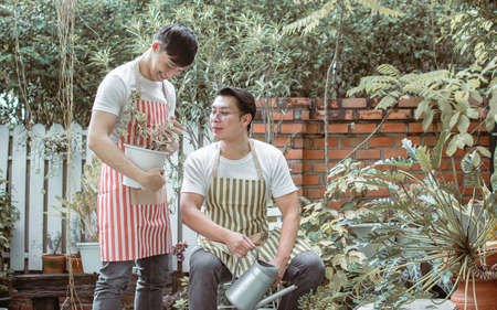 Two Asian men helping each other to taking care plants in the garden at home. LGBT, Environment and Lifestyle Concept.の写真素材