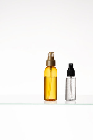 Cosmetic products on a glass shelf on white background. Mockup of skincare and bath products on a glass shelf. Dispensers and tubes with beauty productsの写真素材