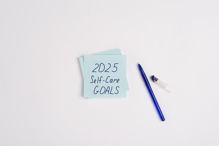 Paper note with words 2025 Self Care Goals on a white minimal background. Concept of goals and plans for the new year. Concept of mental health care, top view, copy spaceの写真素材