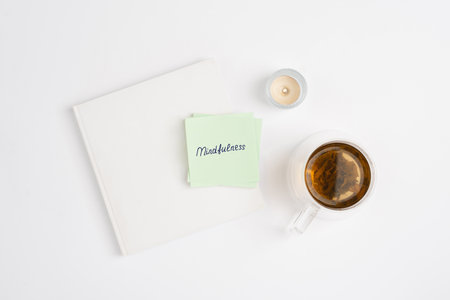 Paper note with word Mindfulness on a white minimal background. Concept of goals and plans for the new year, top view, copy spaceの写真素材