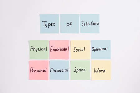 Colorful paper notes with words Types of Self Care on a white minimal background. Concept of goals,...