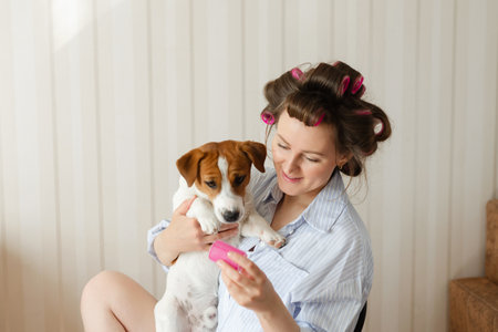 Beautiful young woman wearing pajamas with pink hair curlers holds a cute Jack Russell Terrier dog in her arm at home on a sunny morningの写真素材