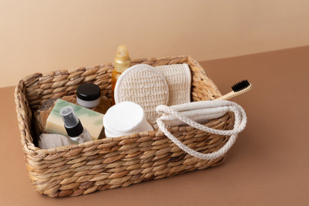 Bathroom tools and organic cosmetic products in woven basket on beige background emphasizing natural, eco-friendly beauty essentials and self-care routine concept. Natural skincareの写真素材