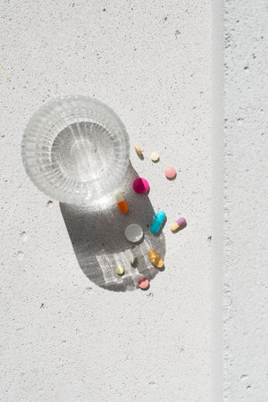Colorful vitamin pills and glass with pure water on neutral concrete background with aesthetic sunlight shadow. Minimal beauty, wellness or pharmacy conceptの写真素材