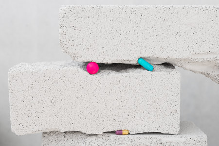 Minimal composition with stone blocks, and vitamin pills on a neutral background. Still life showing...