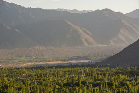Leh city with sunset from the topの写真素材