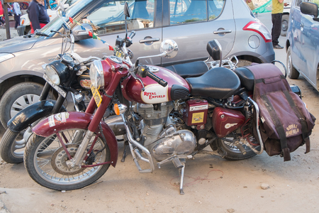 Leh Ladakh,India - July 8,2014 : Motocycles brand Royal Enfield in Leh Market.のeditorial素材