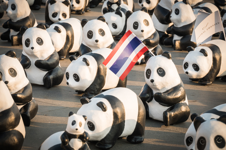 BANGKOK,THAILAND - MARCH 4, 2016 : 1,600 pandas have just arrived in Bangkok as part of their world tour. The papier mache sculptures will be exhibited in Bangkok during March and April 2016.The number 1,600 represents how many pandas are left in the wildのeditorial素材