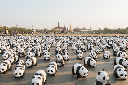 BANGKOK,THAILAND - MARCH 4, 2016 : 1,600 pandas have just arrived in Bangkok as part of their world tour. The papier mache sculptures will be exhibited in Bangkok during March and April 2016.The number 1,600 represents how many pandas are left in the wildのeditorial素材