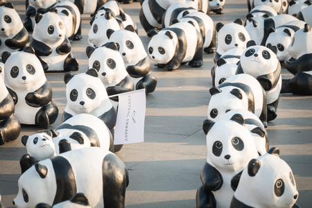BANGKOK,THAILAND - MARCH 4, 2016 : 1,600 pandas have just arrived in Bangkok as part of their world tour. The papier mache sculptures will be exhibited in Bangkok during March and April 2016.The number 1,600 represents how many pandas are left in the wildのeditorial素材