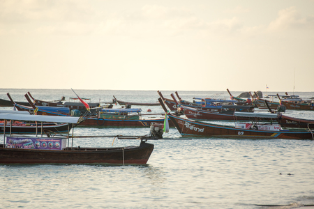 Koh Lipe,Thailand - November 29,2014 : Long tail boats lined along the beach in Koh Lipe island in Thailandのeditorial素材