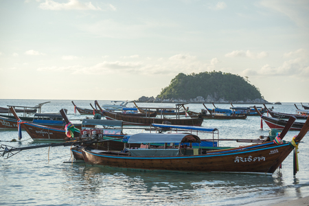 Koh Lipe,Thailand - November 29,2014 : Long tail boats lined along the beach in Koh Lipe island in Thailandのeditorial素材