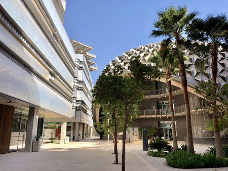 Masdar City, Abu Dhabi, UAE - April, 2019. The city is designed in sustainable and smart way that protects the buildings from the direct sun rays. Buildings are equipped with solar panels on the roofsのeditorial素材