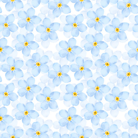 Watercolor seamless pattern with forget me not flowers on white background. Floral texture for design, textile and background.の写真素材