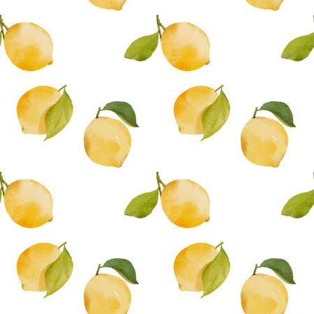 Seamless pattern with watercolor lemons and green leaves isolated on white background.の写真素材