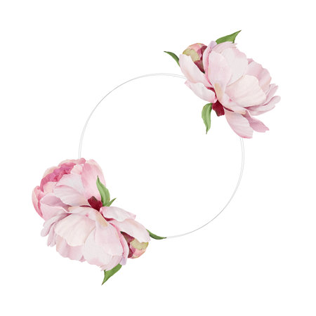 Round frame with pink peony flowers isolated on white background. Watercolor illustrationの写真素材