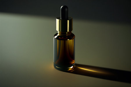 Essential oil in a glass bottle on a dark background. 3d renderの写真素材
