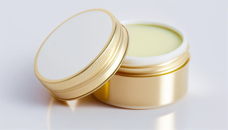 Cosmetic balm in a jar on a white background, close-up.の写真素材