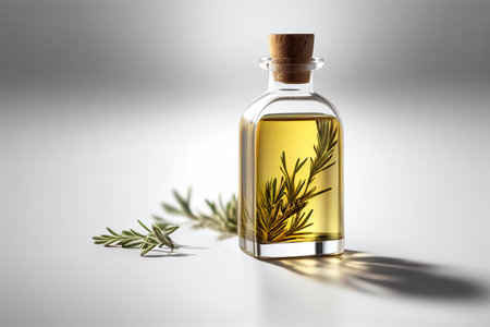 Bottle of rosemary oil with rosemary twig on grey backgroundの写真素材