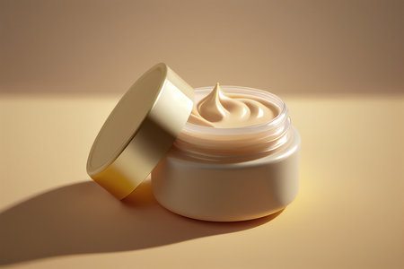 Cosmetic cream in a jar on a beige background with shadowsの写真素材
