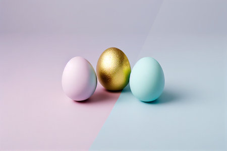 Happy Easter background. Aesthetic Minimalistic Banner with eggs colored in gold and pastel colors.