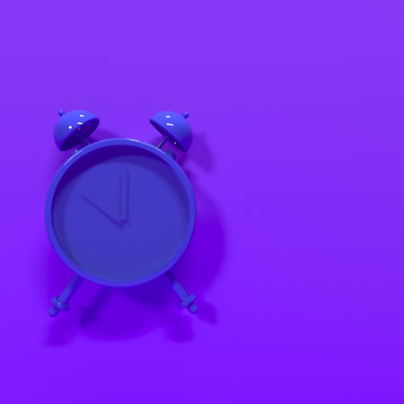 Blue alarm clock on purple background. Minimalistic design. 3d renderingの写真素材