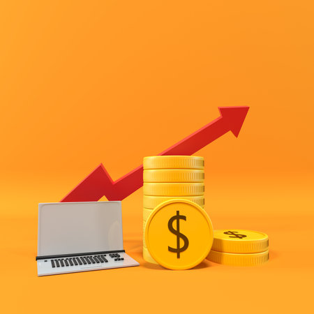 3d render of laptop and gold coins on orange background. Financial growth concept.