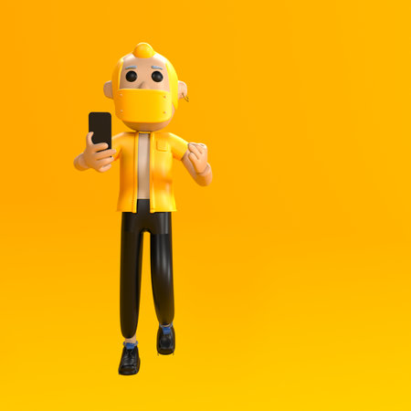 Cartoon character wearing a medical mask with mobile phone. 3d illustrationの写真素材