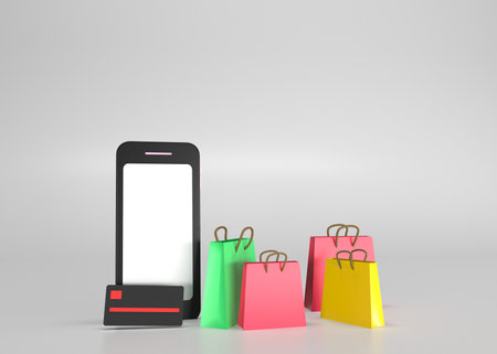 Smartphone with shopping bags on a gray background. 3d renderingの写真素材
