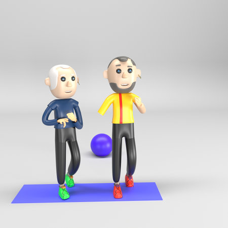 3d illustration of old man and young man doing fitness exercises.