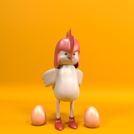 3d rendering of a chicken standing next to eggs on orange backgroundの写真素材