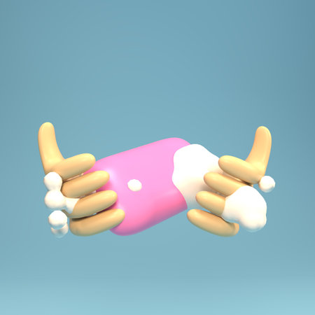 3d render of hand showing thumbs up sign, isolated on blue backgroundの写真素材