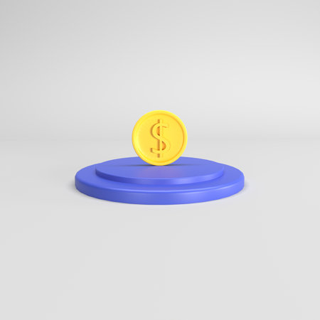 3d render of golden dollar coin on blue podium isolated on white backgroundの写真素材