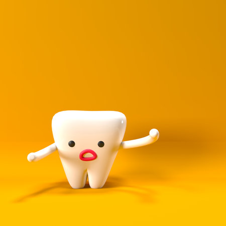 Tooth character isolated on orange background. 3d render illustration.の写真素材