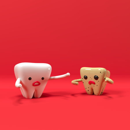 Tooth character with broken tooth on red background. 3D illustration.の写真素材