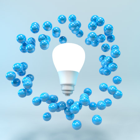 Light bulb surrounded by blue spheres on blue background. 3D rendering