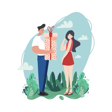 Man gives a present to his embarrassed girlfriend. Pure love and a good relationship.のイラスト素材
