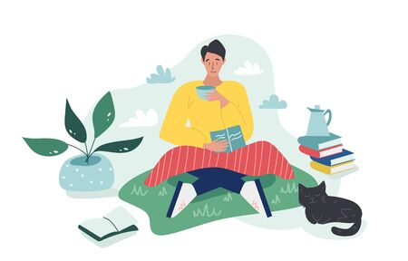 Young boy sitting on the grass with a plaid and reads a book while drinking a cup of tea or coffee in cloudy day. A black cat is sleeping nearby. Vector colored cartoon flat illustration.のイラスト素材