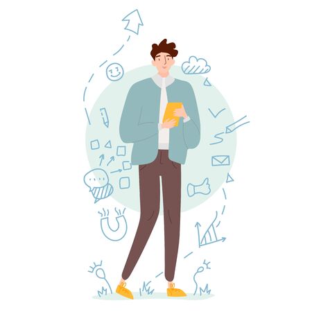 Young student on freelance holds a yellow tablet or phone thinking how to manage his life and work. White doodle background with flowers and office stuff. Vector cartoon colored illustrationのイラスト素材