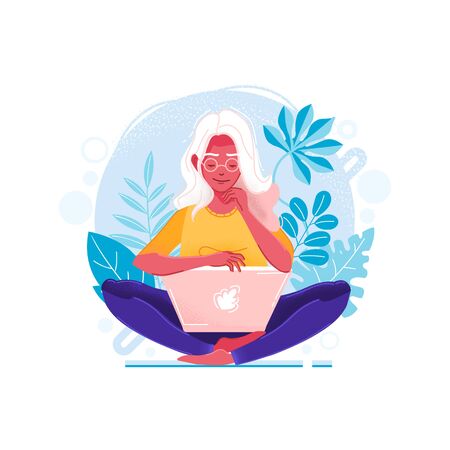 Albino student or freelancer girl sitting on the ground with the apple laptop, searching something on the internet on blue background with plants. Flat cartoon colorful vector illustrationのイラスト素材