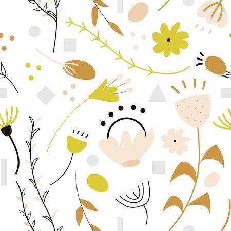 Set of hand drawn abstract doodle decorative vector patterns and elements with colored flowers and grey and yellow geometrical figures. Completed and isolated vector illustration. Wallpapersのイラスト素材