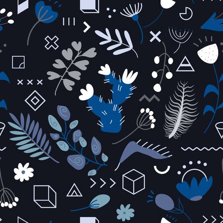 Seamless pattern set of different tropical exotic leaves, plants and flowers with doodle geometrical figures on black background. Collection of completed and isolated vector illustrations.のイラスト素材