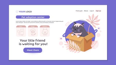 Perfect banner for your website of pet adoption, animal store or vet clinic. Cute fluffy black cat sits in the box and waiting for its new family and owner.のイラスト素材