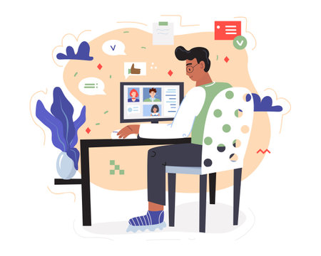 Work remotely. A sitting man is on a video call with his team members. Stay home conception, a picture is decorated with some graphics, pop-up windows, clouds, and other geometric decoration. Vectorのイラスト素材