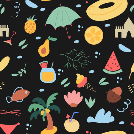 A cartoon pattern filled with fruits, fresh cocktails, beach umbrellas, sand objects. Summertime...