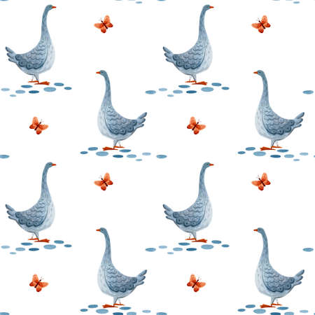 Cute watercolour pattern. Illustration with farm birds.の写真素材
